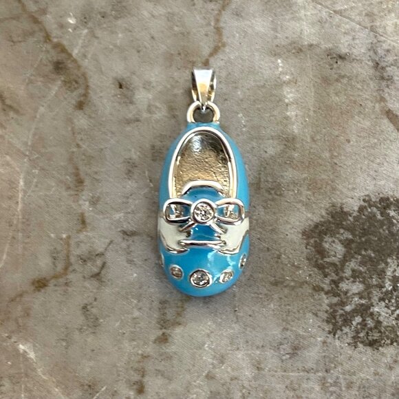 Sterling Silver 925 Blue Blank Engraveable Baby Boy Shoe Pendant Charm Baby Gift - Picture 3 of 14